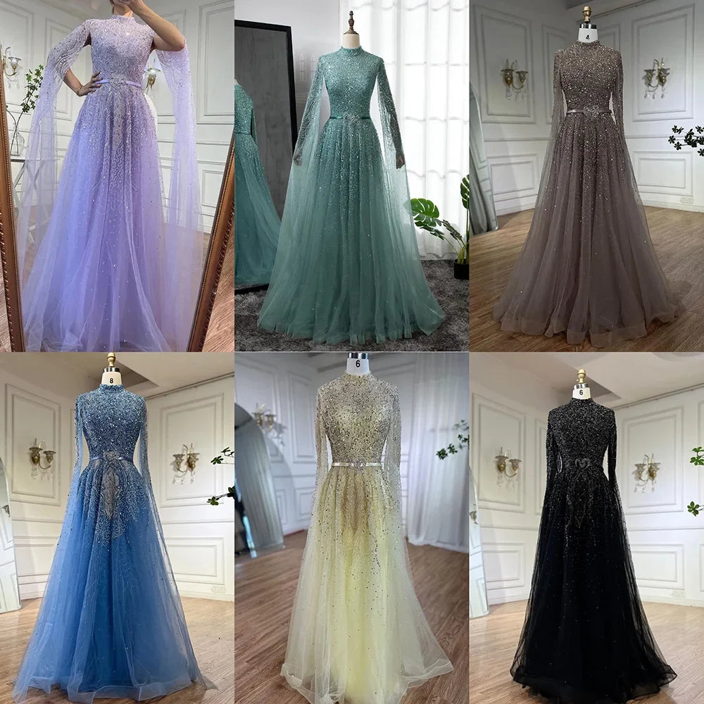 Arabic Luxury Full Beaded Modest High Neck Cape Sleeves A-Line Evening Dress CLA70066B