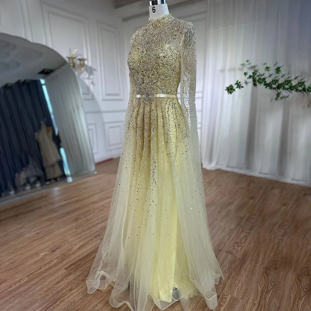 Arabic Luxury Full Beaded Modest High Neck Cape Sleeves A-Line Evening Dress CLA70066B