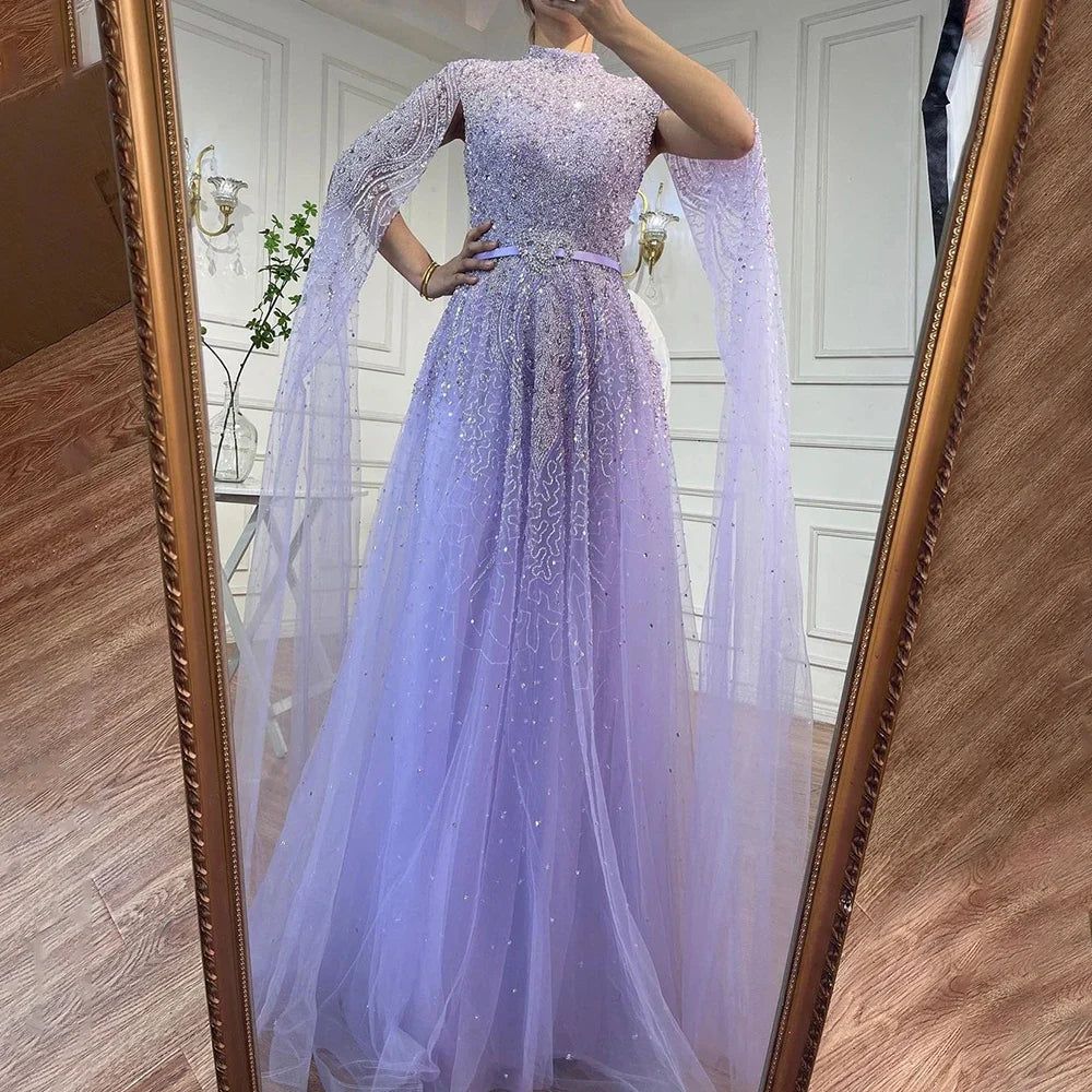 Arabic Luxury Full Beaded Modest High Neck Cape Sleeves A-Line Evening Dress CLA70066B