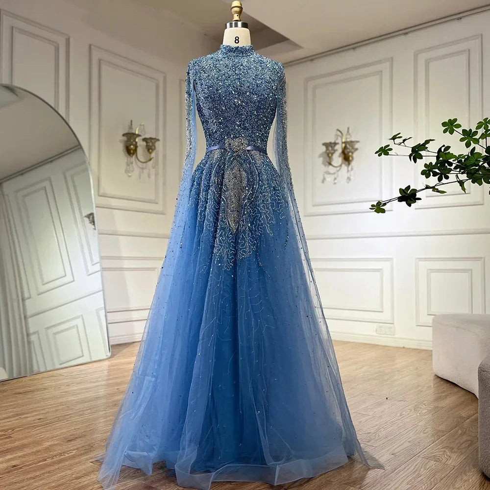 Arabic Luxury Full Beaded Modest High Neck Cape Sleeves A-Line Evening Dress CLA70066B