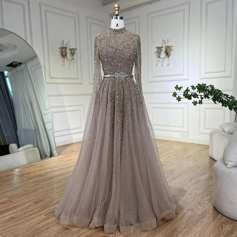 Arabic Luxury Full Beaded Modest High Neck Cape Sleeves A-Line Evening Dress CLA70066B