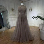 Arabic Luxury Full Beaded Modest High Neck Cape Sleeves A-Line Evening Dress CLA70066B