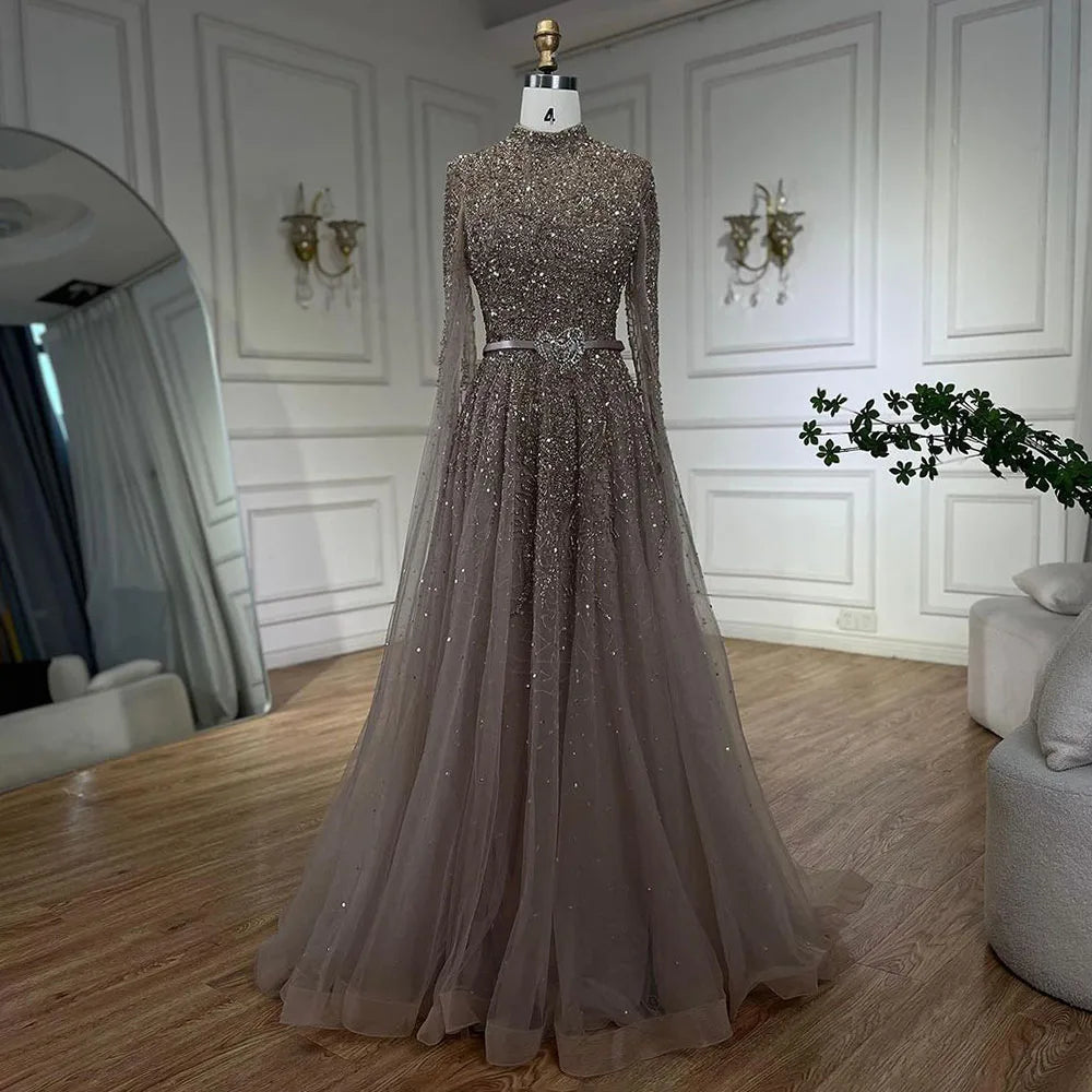 Arabic Luxury Full Beaded Modest High Neck Cape Sleeves A-Line Evening Dress CLA70066B