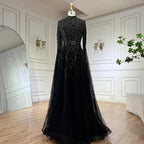 Arabic Luxury Full Beaded Modest High Neck Cape Sleeves A-Line Evening Dress CLA70066B