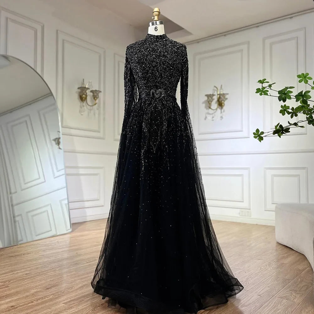 Arabic Luxury Full Beaded Modest High Neck Cape Sleeves A-Line Evening Dress CLA70066B