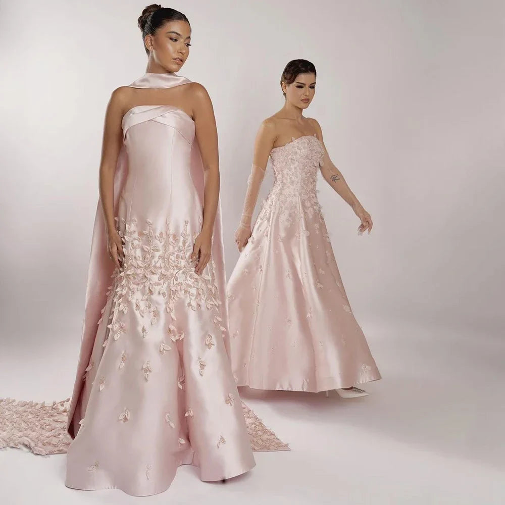 Arabic Satin Simple Floral Strapless Mermaid Evening Dress With Shawl CLA72483A