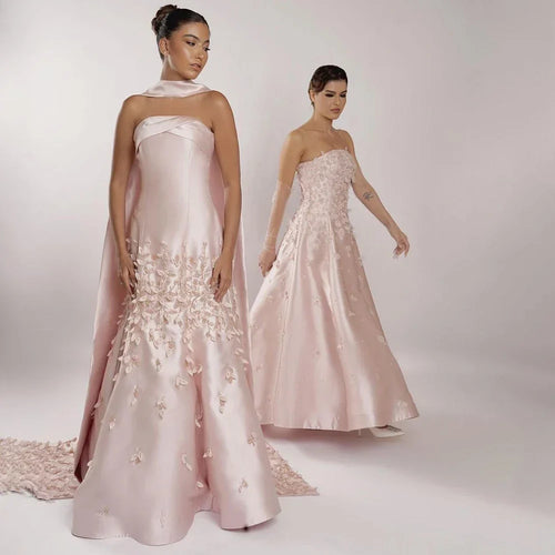 Arabic Satin Simple Floral Strapless Mermaid Evening Dress With Shawl CLA72483A