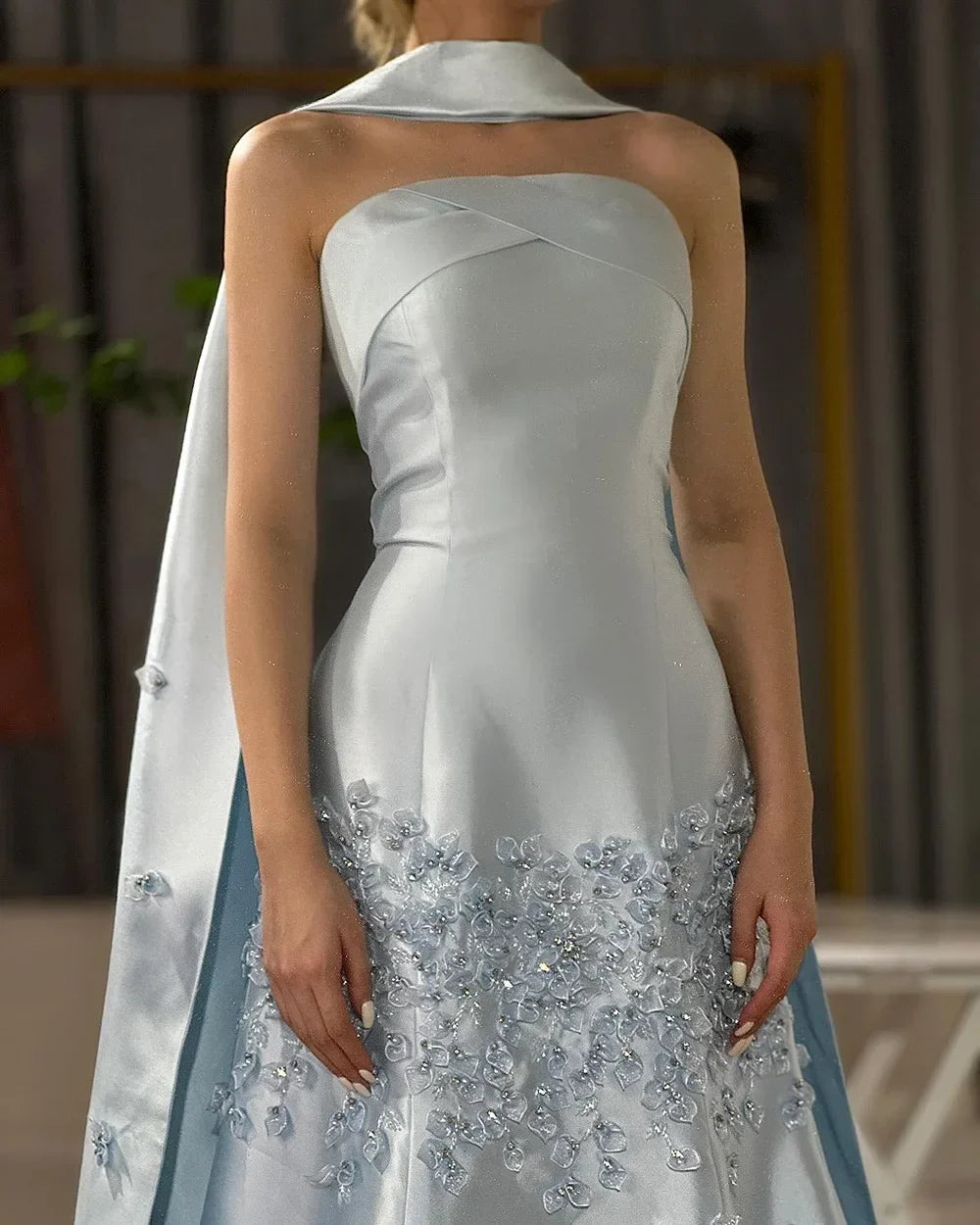 Arabic Satin Simple Floral Strapless Mermaid Evening Dress With Shawl CLA72483A