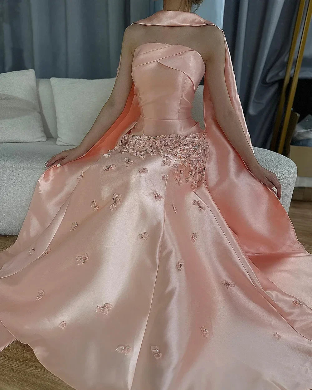 Arabic Satin Simple Floral Strapless Mermaid Evening Dress With Shawl CLA72483A