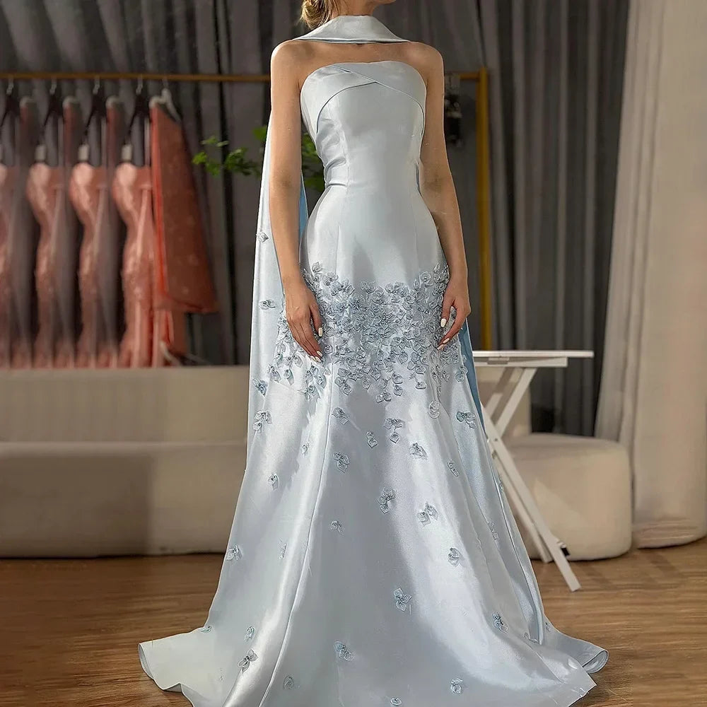 Arabic Satin Simple Floral Strapless Mermaid Evening Dress With Shawl CLA72483A