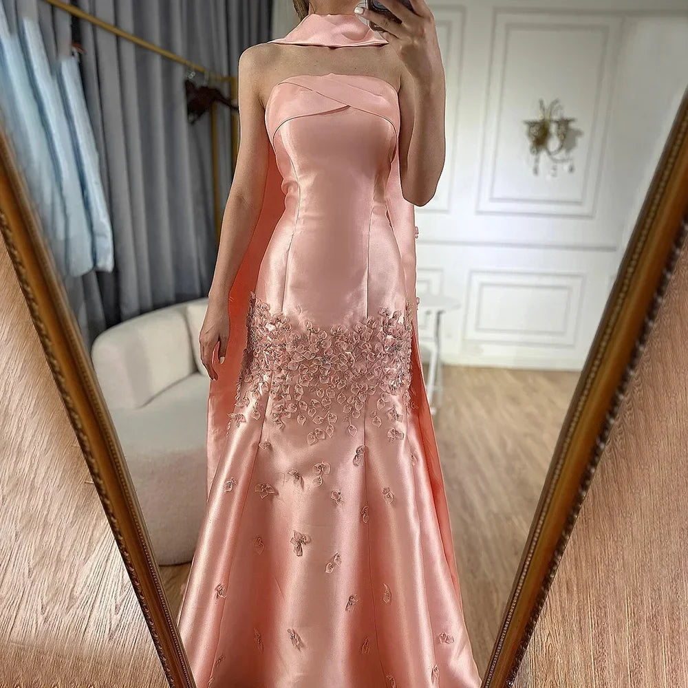 Arabic Satin Simple Floral Strapless Mermaid Evening Dress With Shawl CLA72483A