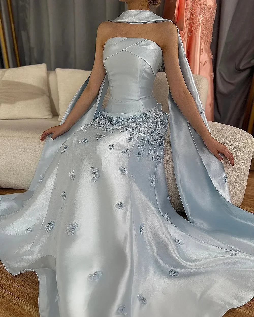 Arabic Satin Simple Floral Strapless Mermaid Evening Dress With Shawl CLA72483A