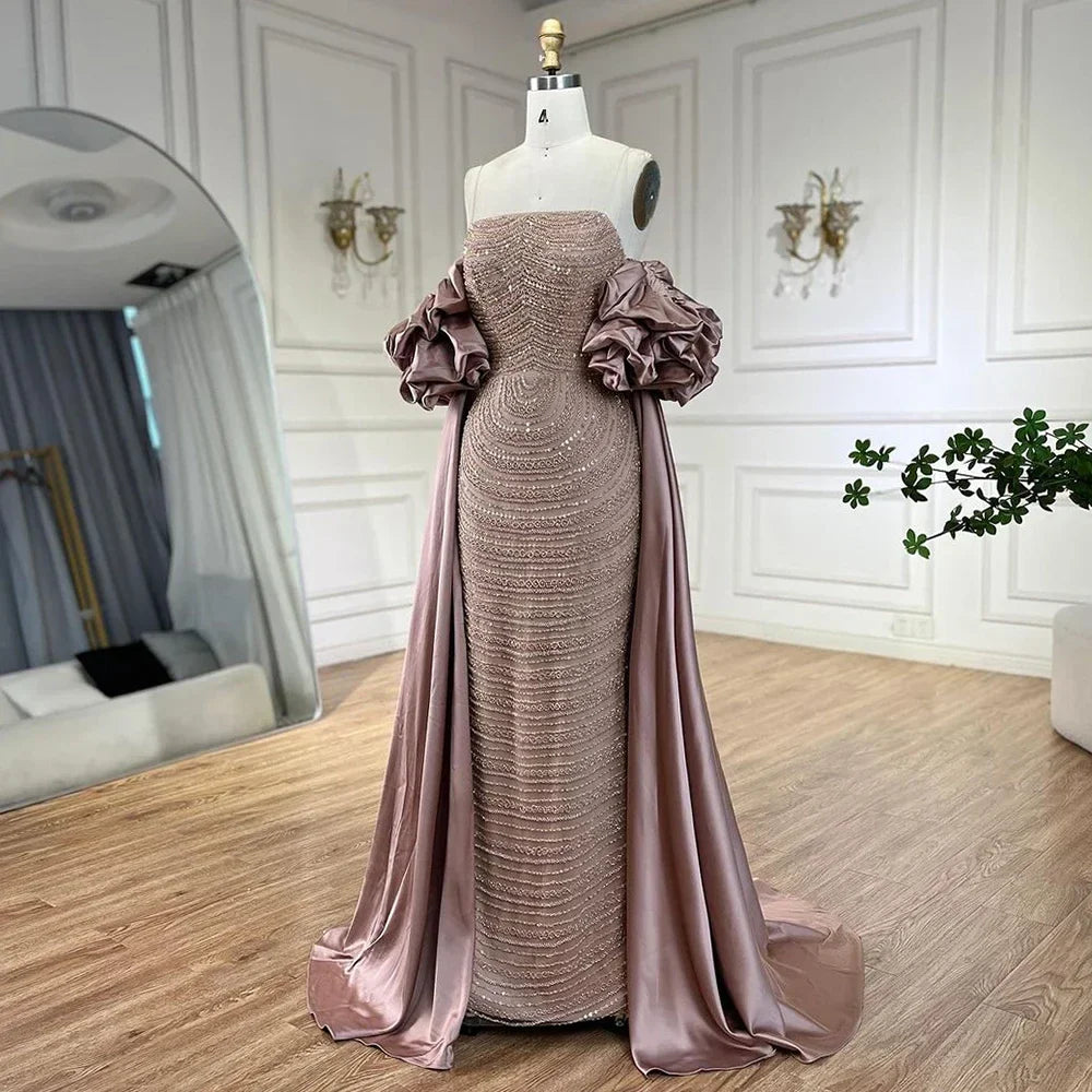 Luxury Arabic Dusty Rose Evening Dresses with Cape CLA72543