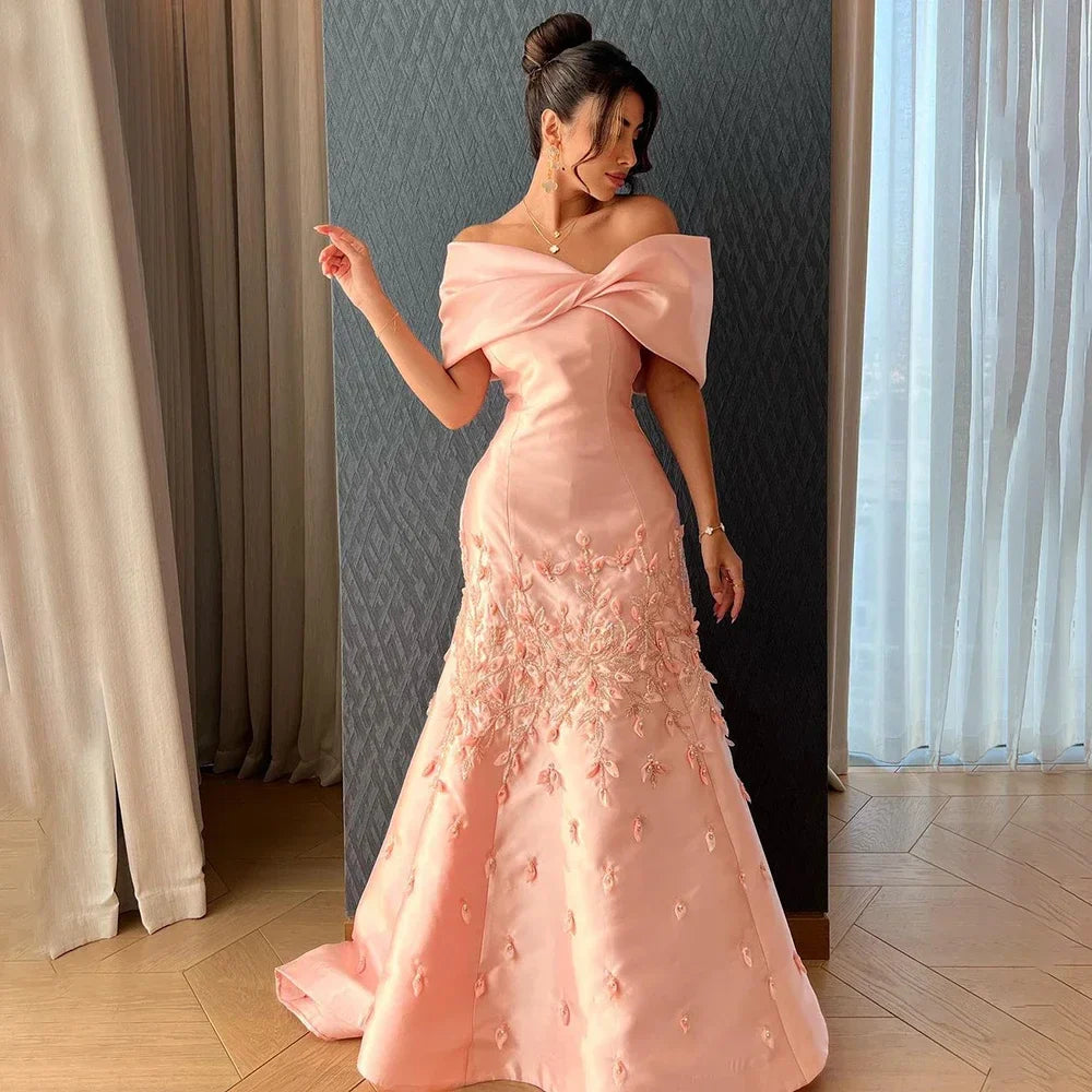 Arabic Simple Style Satin Floral Mermaid Evening Dress Elegant Off Shoulder Women Party Gown CLA72483