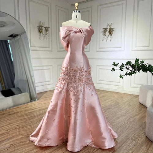 Arabic Simple Style Satin Floral Mermaid Evening Dress Elegant Off Shoulder Women Party Gown CLA72483