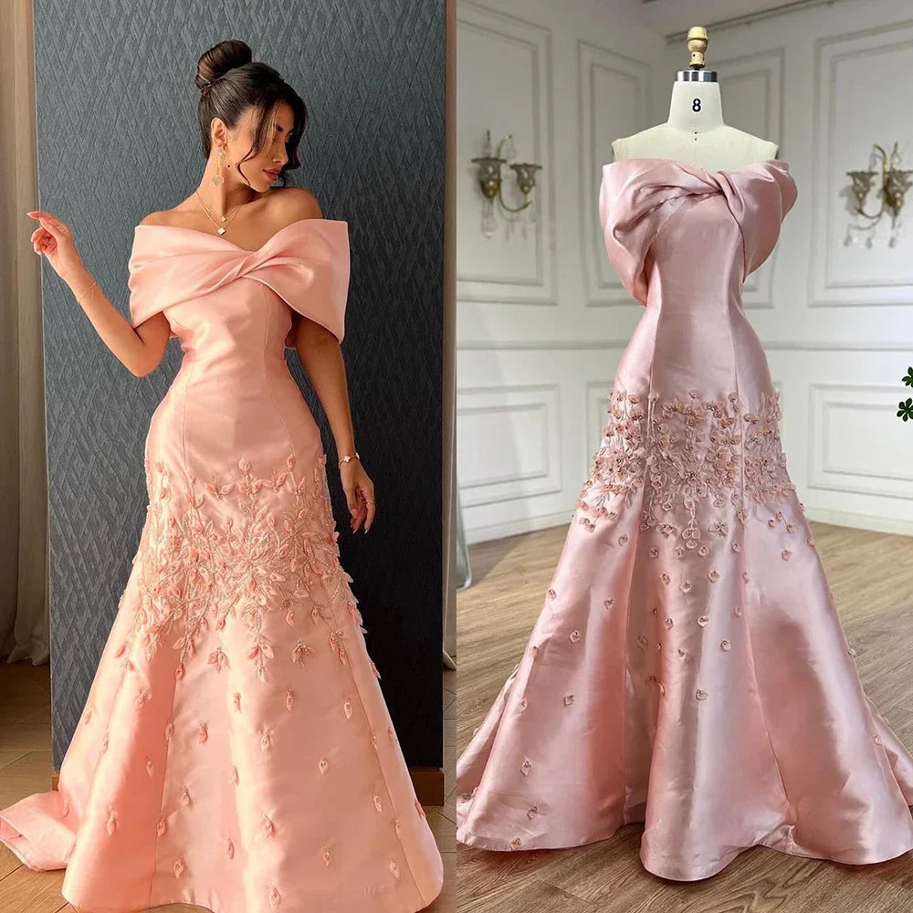 Arabic Simple Style Satin Floral Mermaid Evening Dress Elegant Off Shoulder Women Party Gown CLA72483