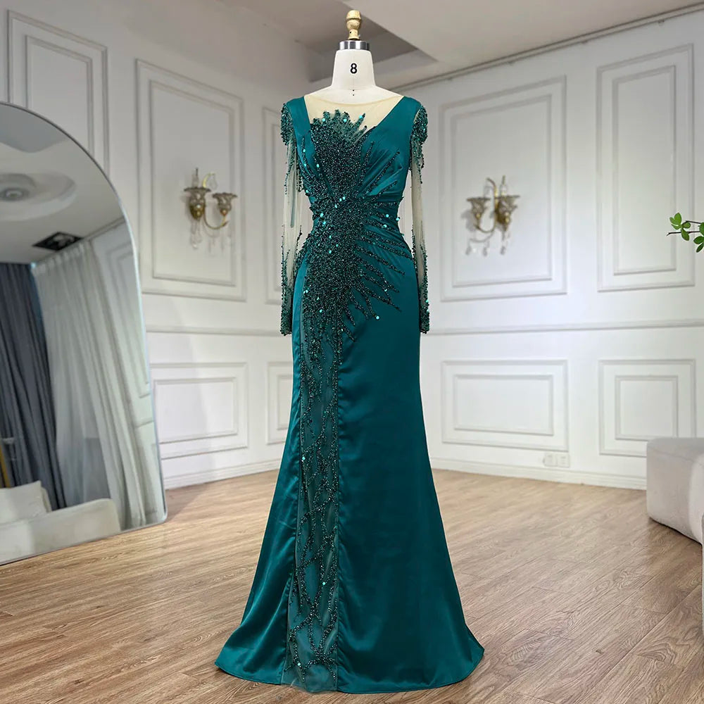 Serene Hill Luxury Dubai Green Mermaid Beaded Satin Evening Dress CLA72202A