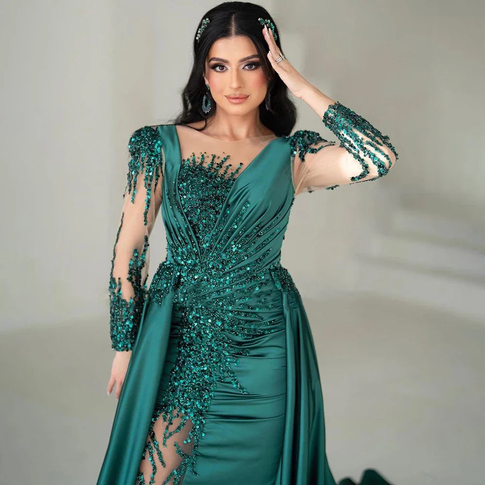 Serene Hill Luxury Dubai Green Mermaid Beaded Satin Evening Dress CLA72202A
