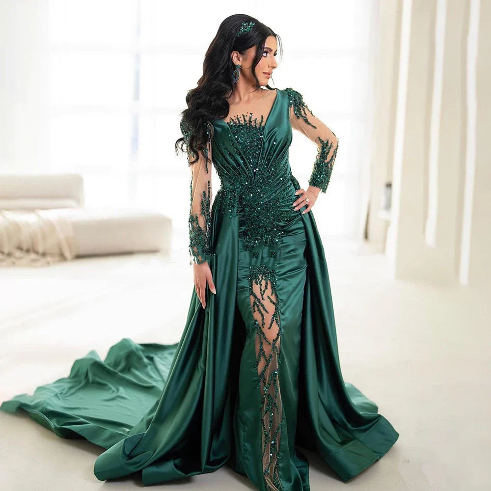 Serene Hill Luxury Dubai Green Mermaid Beaded Satin Evening Dress CLA72202A