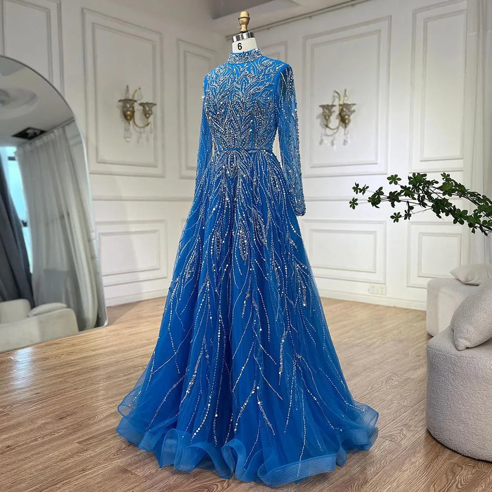 Muslim Formal Blue A-Line Beaded Evening Dress CLA72302A