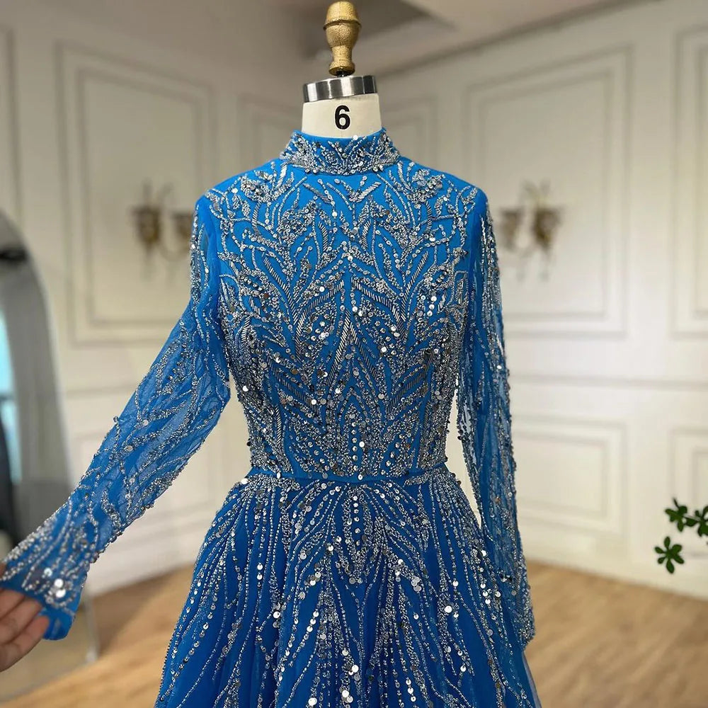 Muslim Formal Blue A-Line Beaded Evening Dress CLA72302A