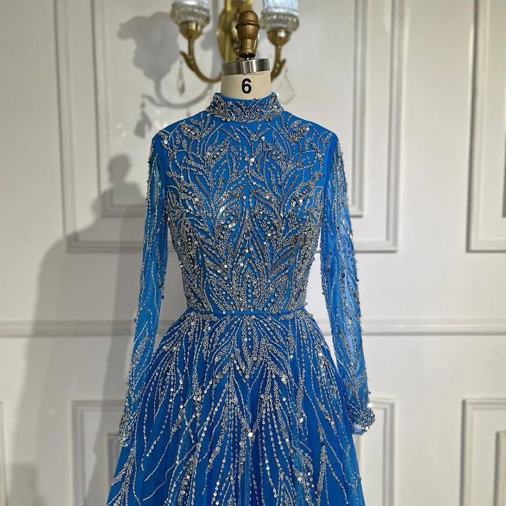 Muslim Formal Blue A-Line Beaded Evening Dress CLA72302A