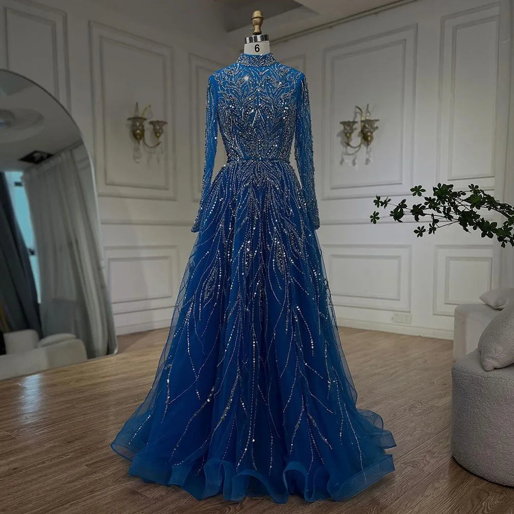 Muslim Formal Blue A-Line Beaded Evening Dress CLA72302A