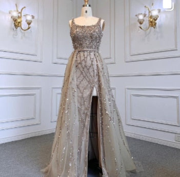 Arabic Luxury Beaded Mermaid With Detachable Overskirt Evening Dress Sleeveless Slit Women Party Gown CLA70765