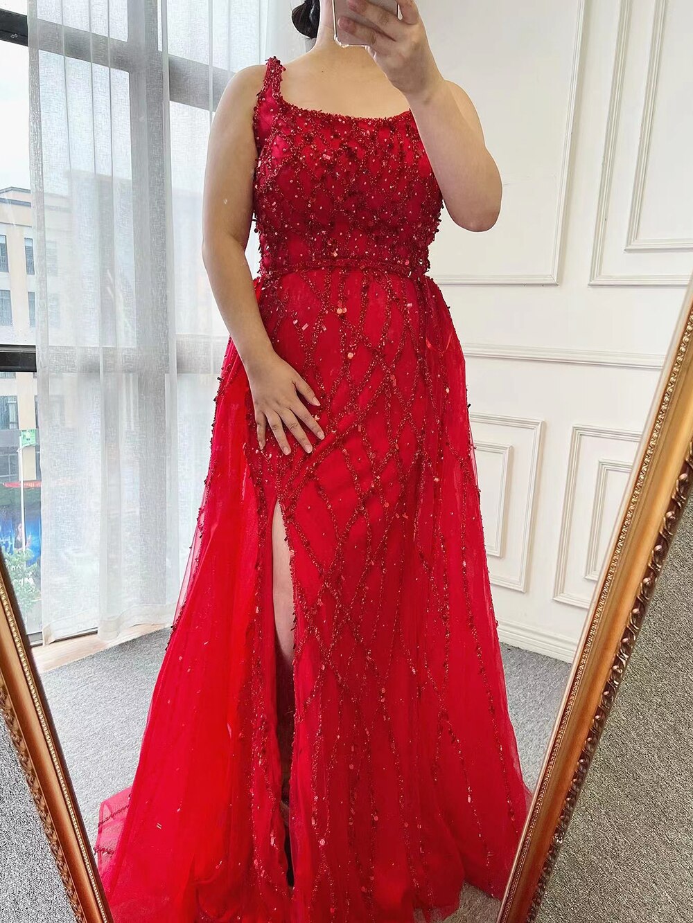 Arabic Luxury Beaded Mermaid With Detachable Overskirt Evening Dress Sleeveless Slit Women Party Gown CLA70765