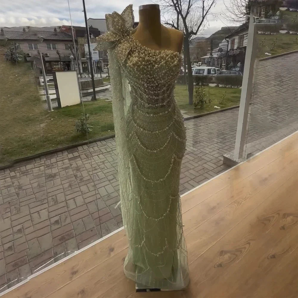Luxury Sage Green One-Shoulder Pearls Beaded Evening Dress CLA72511