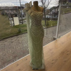 Luxury Sage Green One-Shoulder Pearls Beaded Evening Dress CLA72511