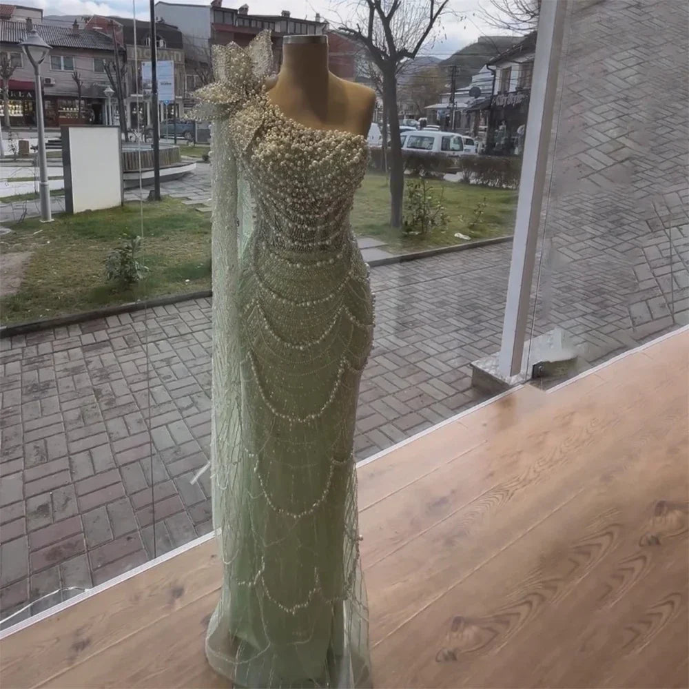 Luxury Sage Green One-Shoulder Pearls Beaded Evening Dress CLA72511