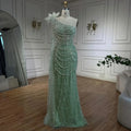 Luxury Sage Green One-Shoulder Pearls Beaded Evening Dress CLA72511