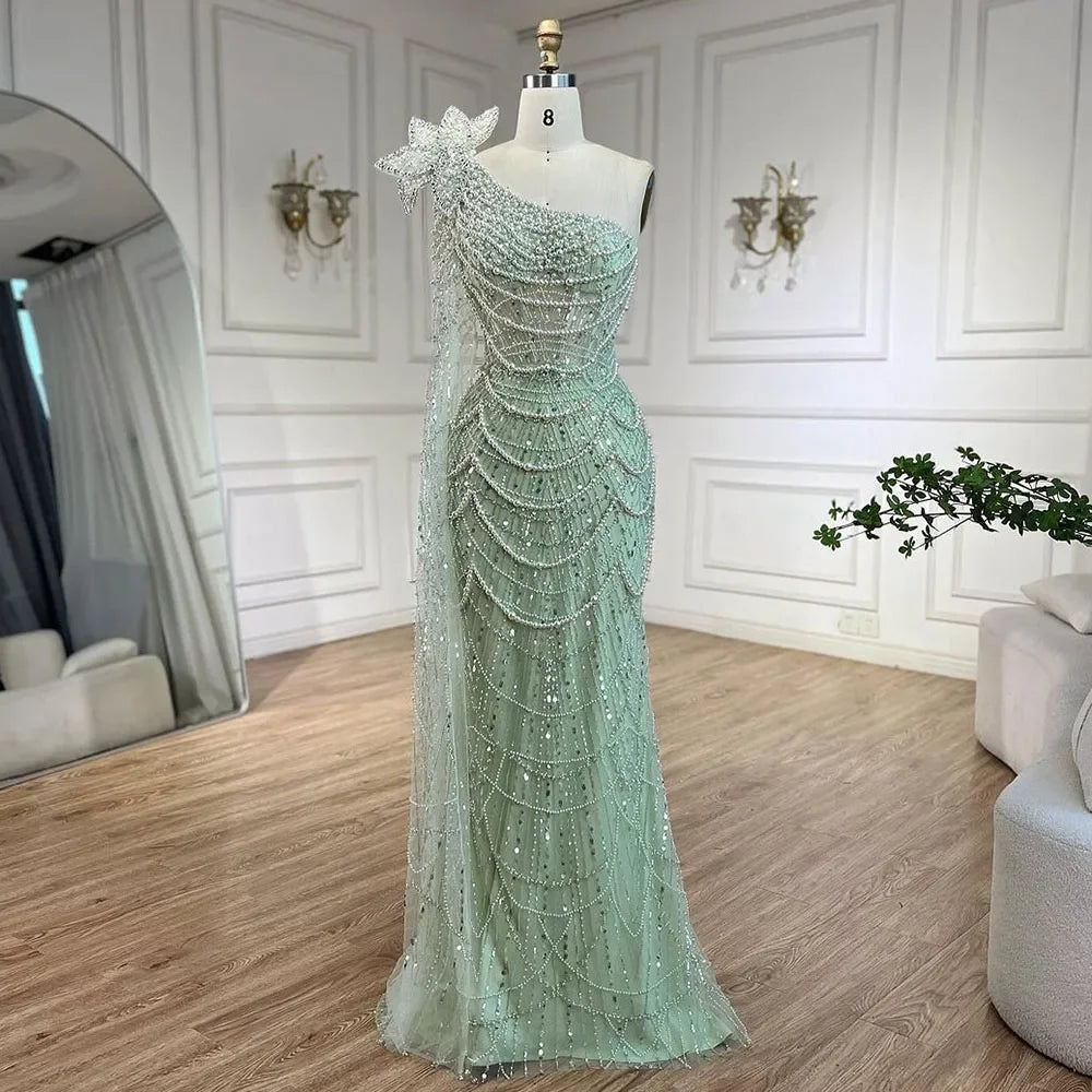 Luxury Sage Green One-Shoulder Pearls Beaded Evening Dress CLA72511