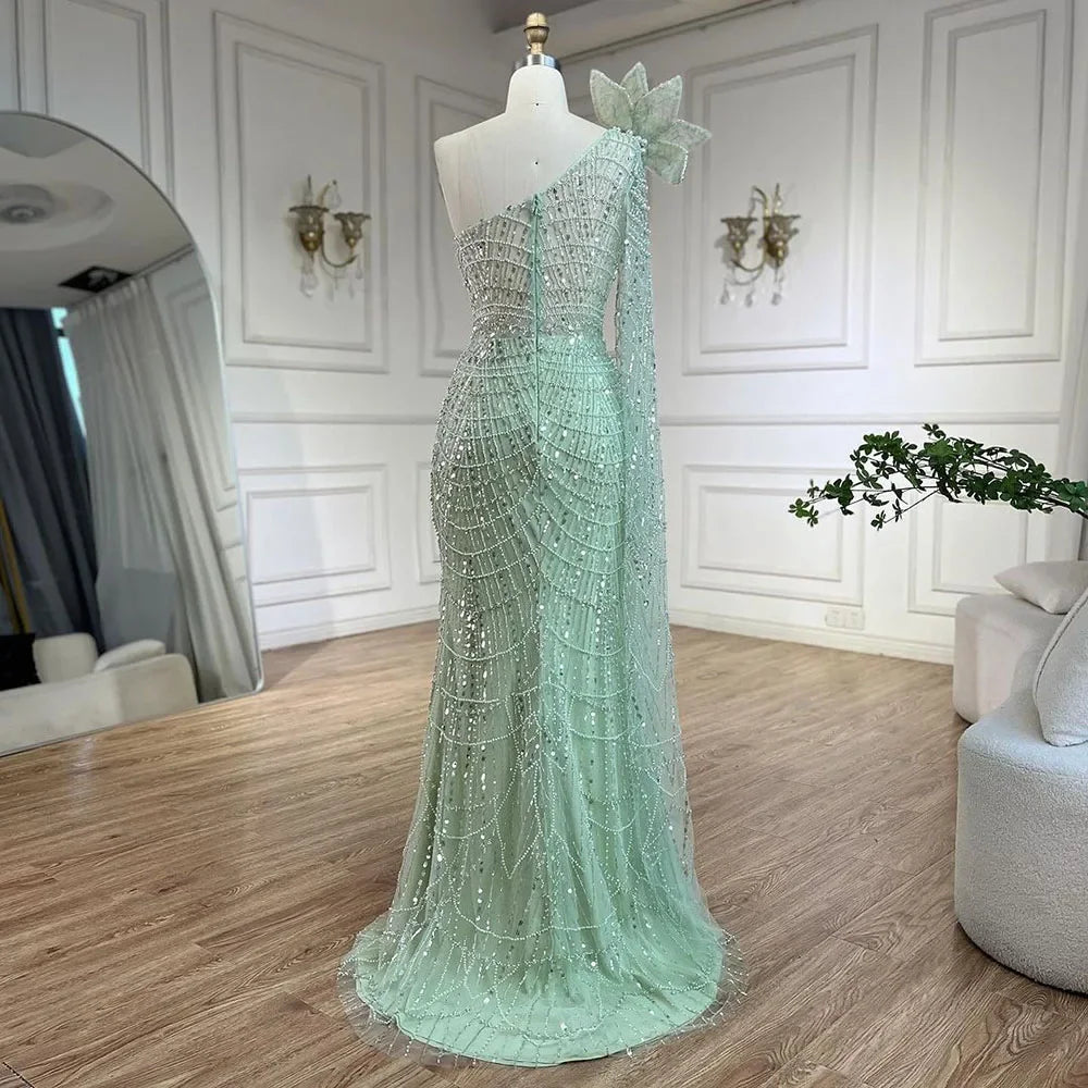 Luxury Sage Green One-Shoulder Pearls Beaded Evening Dress CLA72511