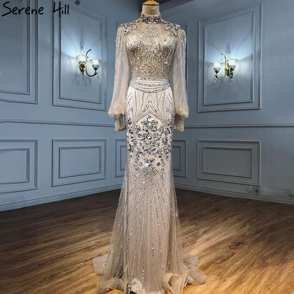 Silver Mermaid Luxury Beaded Evening Dress Modest Full Sleeves LA71036