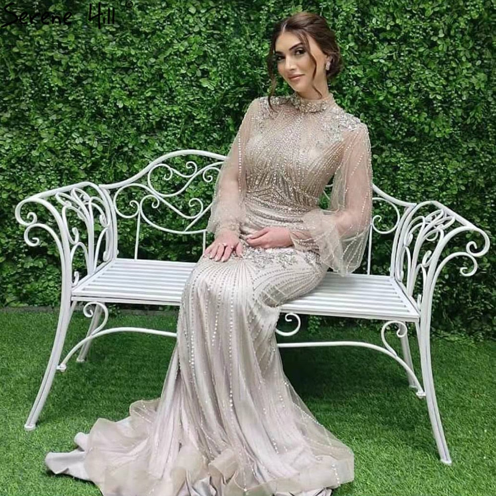 Silver Mermaid Luxury Beaded Evening Dress Modest Full Sleeves LA71036