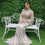 Silver Mermaid Luxury Beaded Evening Dress Modest Full Sleeves LA71036