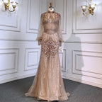 Silver Mermaid Luxury Beaded Evening Dress Modest Full Sleeves LA71036