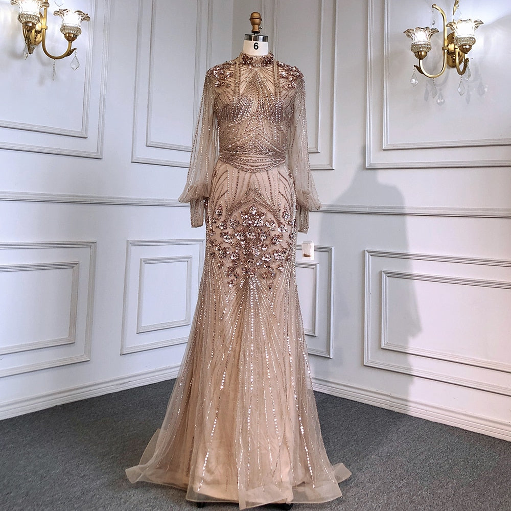 Silver Mermaid Luxury Beaded Evening Dress Modest Full Sleeves LA71036