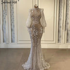 Silver Mermaid Luxury Beaded Evening Dress Modest Full Sleeves LA71036