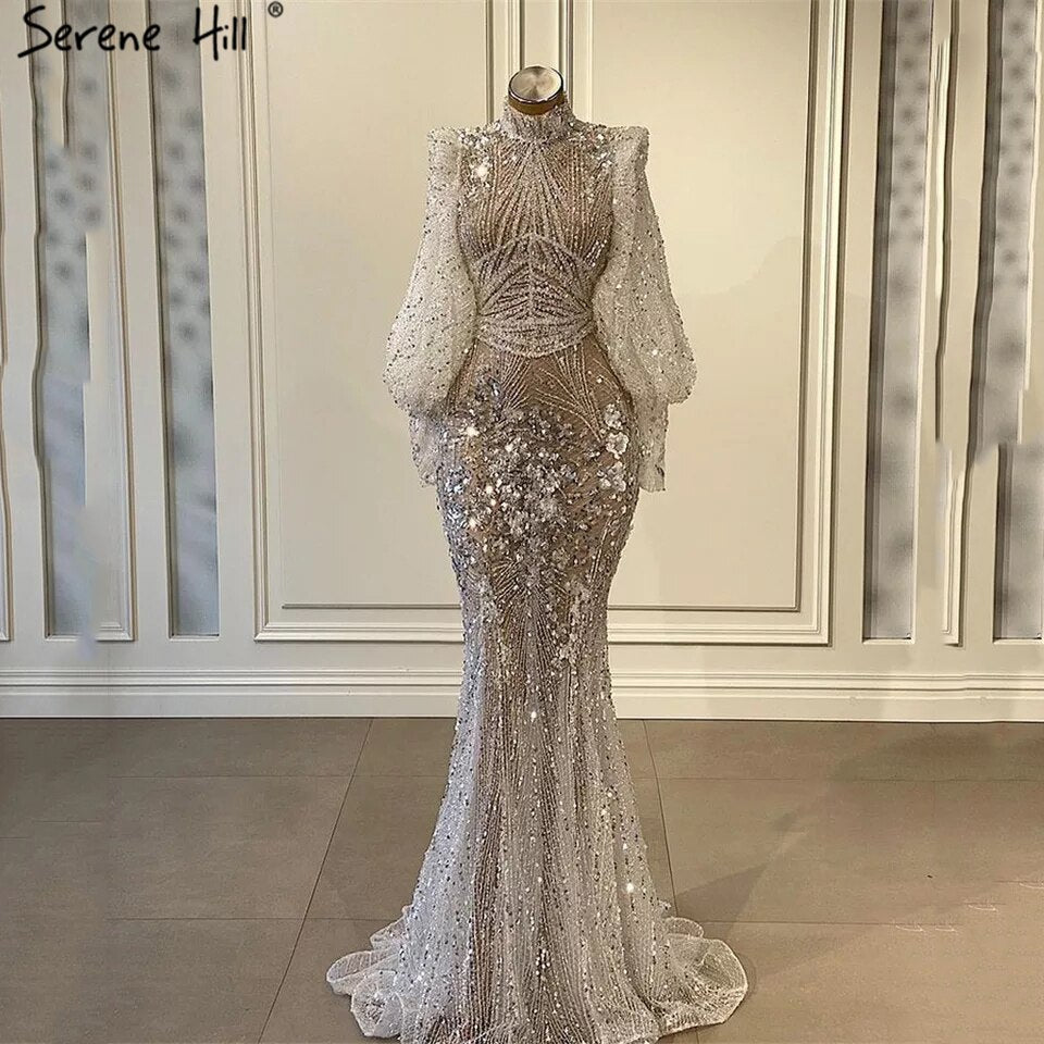 Silver Mermaid Luxury Beaded Evening Dress Modest Full Sleeves LA71036