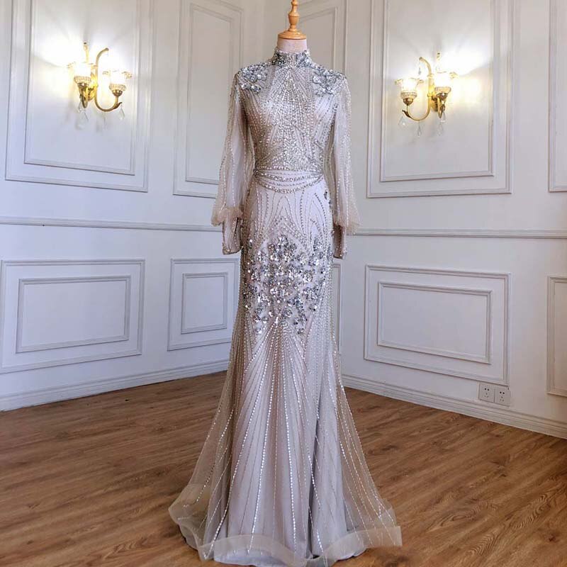 Silver Mermaid Luxury Beaded Evening Dress Modest Full Sleeves LA71036