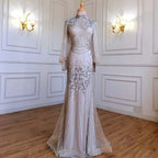 Silver Mermaid Luxury Beaded Evening Dress Modest Full Sleeves LA71036