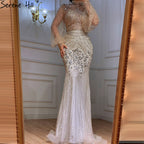 Silver Mermaid Luxury Beaded Evening Dress Modest Full Sleeves LA71036