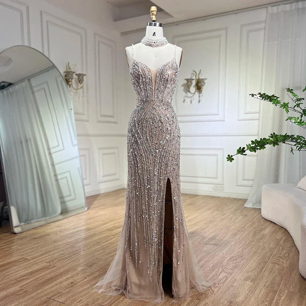 Arabic Beaded Pearls Sleeveless Mermaid With Slit Evening Dress With Chocker CLA72047B