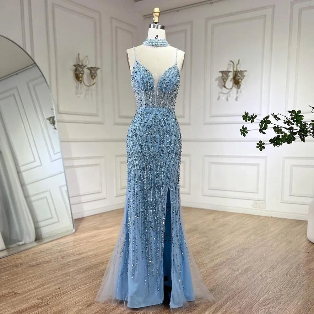 Arabic Beaded Pearls Sleeveless Mermaid With Slit Evening Dress With Chocker CLA72047B