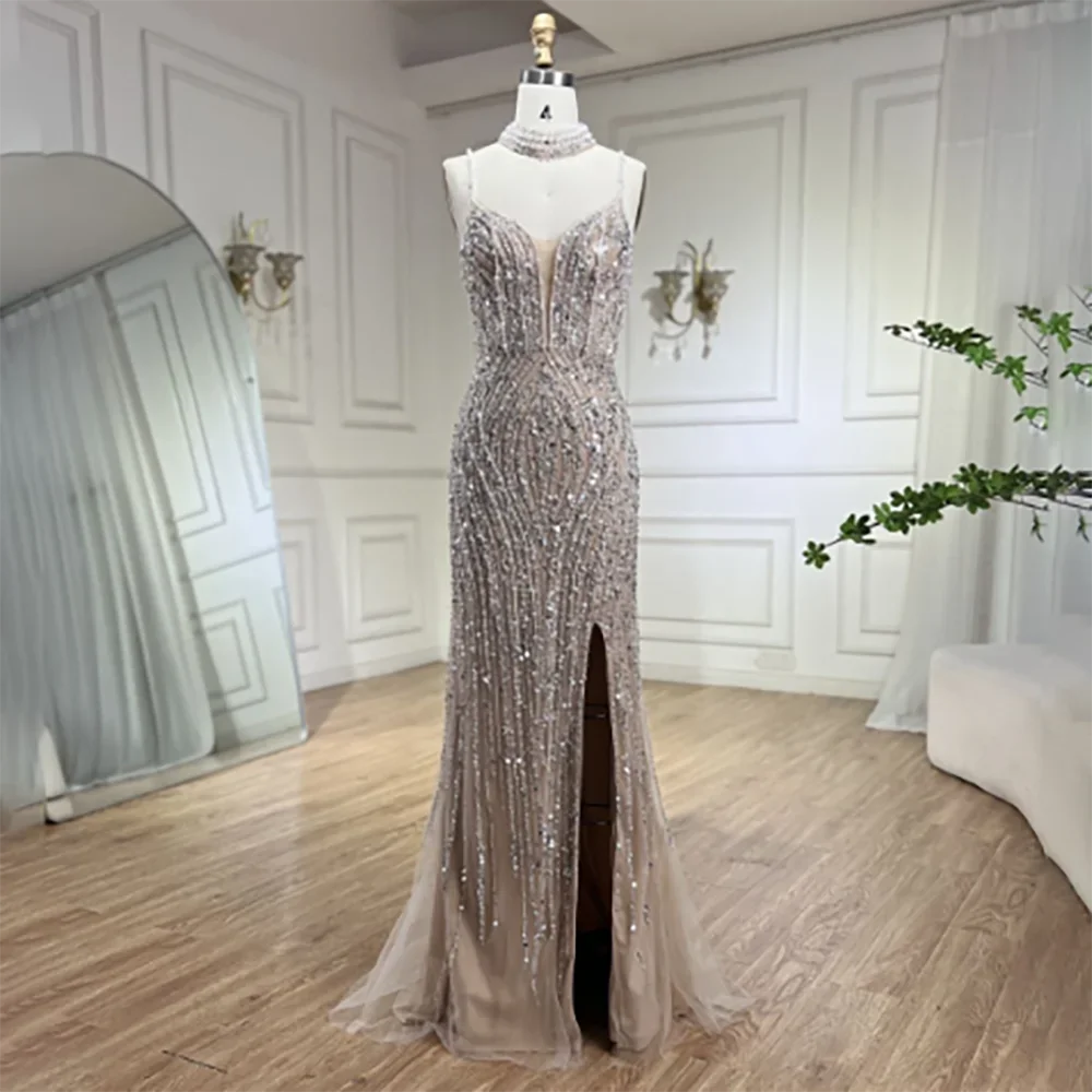 Arabic Beaded Pearls Sleeveless Mermaid With Slit Evening Dress With Chocker CLA72047B