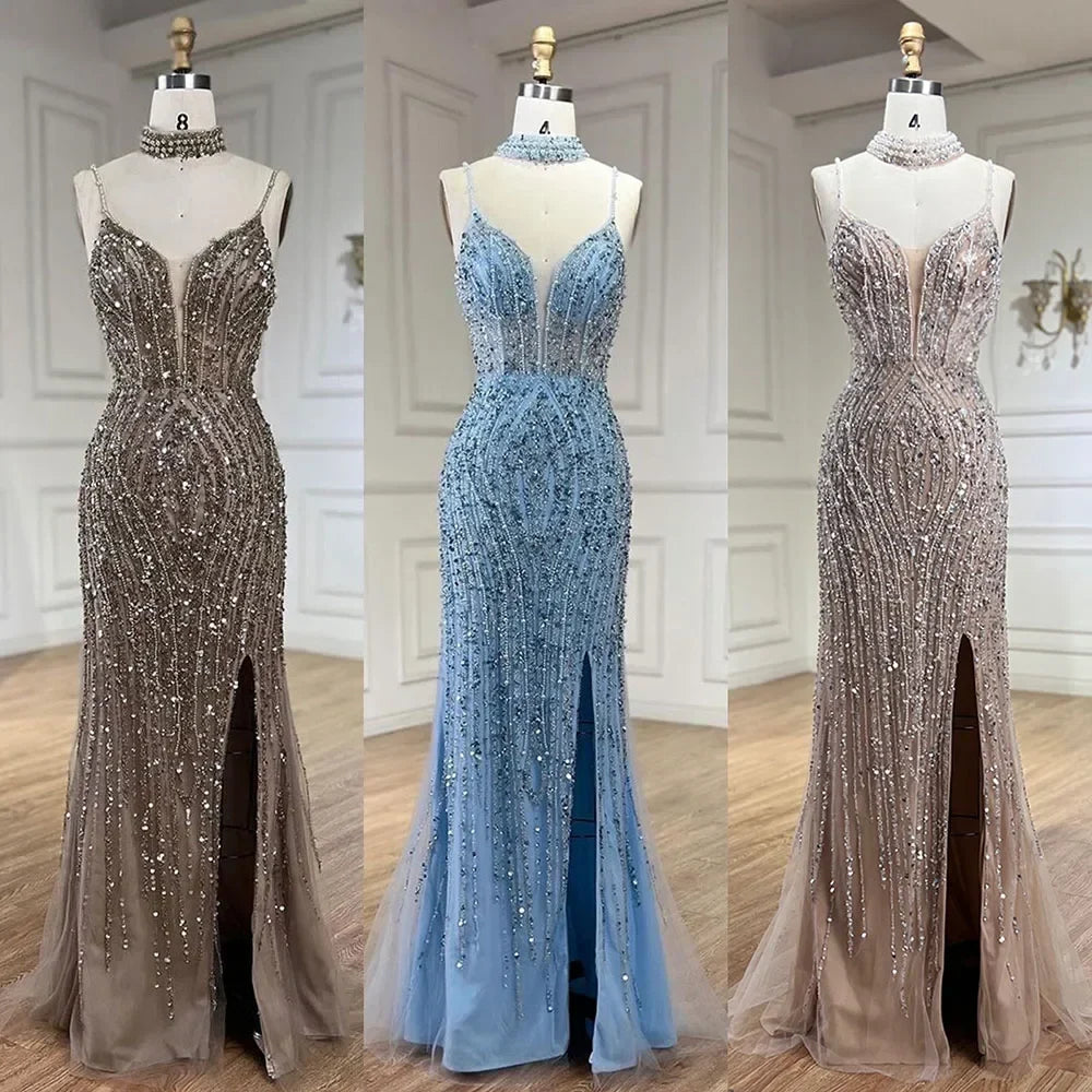 Arabic Beaded Pearls Sleeveless Mermaid With Slit Evening Dress With Chocker CLA72047B