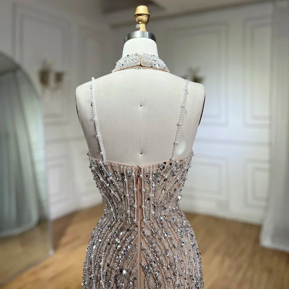 Arabic Beaded Pearls Sleeveless Mermaid With Slit Evening Dress With Chocker CLA72047B